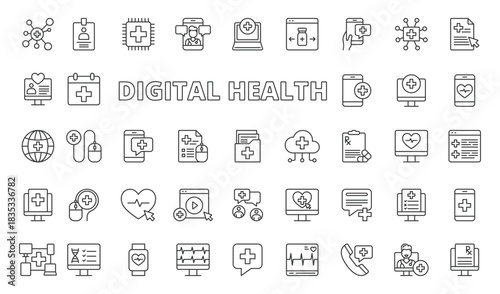 Digital health icons in line design. digital health, telemedicine, remote care, health app, monitoring, data, medical technology on white background vector. Digital health editable stroke icons