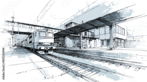 Train Station Drawing with Train on Left Vector Illustration