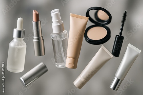Various cosmetic products including lipsticks, serums, and creams, floating mid-air against a blurred gray background