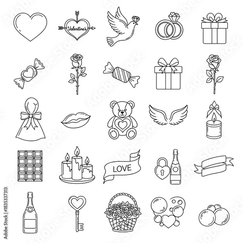Romantic doodle icons for Valentine's Day in black and white  
