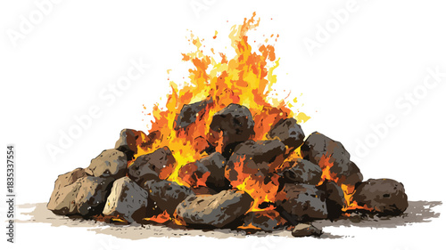 Burning Fire in Rock Pile Vector Illustration with Outline Isolated