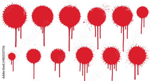 Collection of red paint splatters with drips on a white background
