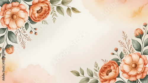 Watercolor terracotta floral frame for wedding invitations, Elegant handpainted earth tone flower border background, Romantic rust and blush botanical corner decoration, Soft watercolor texture