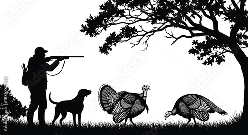 Hunter and Hunting Dog Silhouette with Two Wild Turkeys Under a Large Oak Tree, Illustrating Hunting Season and Wildlife