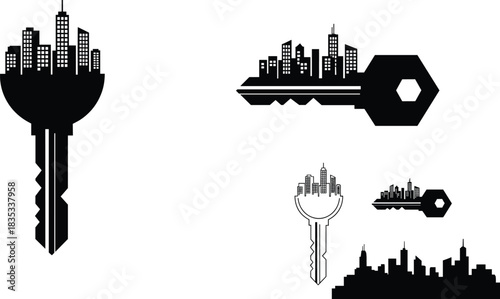 Innovative Real Estate Key and City Skyline Silhouette Vector Graphic Set for Property Development, Urban Living Concepts, Home Ownership, and Modern Architecture Logos