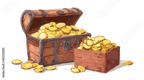 Luxurious Wooden Chest with Gold Coins and Treasure Box Concept Vector Illustration