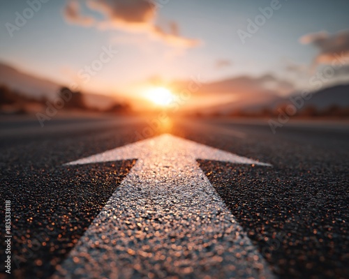 Forward Arrow on Asphalt Leading Toward Orange Sunset over Distant Mountains in Soft Focus Perspective