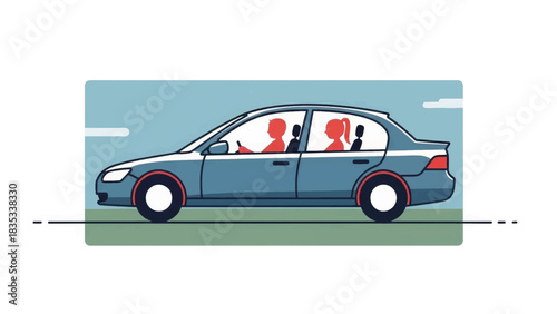 Minimalist illustration of a carpooling commute. Flat design vector of people driving in a sedan. Transportation and ride-sharing concept