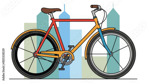 A stylized vector illustration of a colorful bicycle. Urban commuter bike against a minimalist city skyline. Flat design graphic for sustainable transport concepts