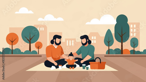 A gay couple with their child enjoying a family picnic in the park. Modern same-sex parenting and diversity concept. Flat design vector illustration