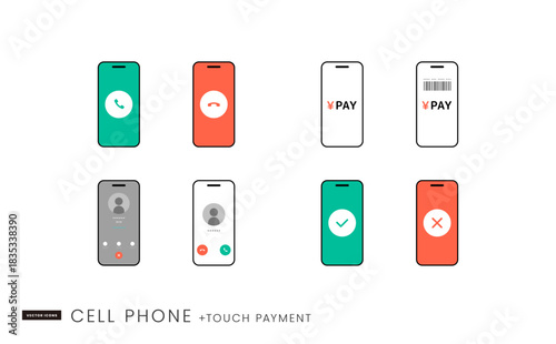スマートフォンの決済バーコード、通話画面などシンプルなアイコンセット イメージイラスト素材