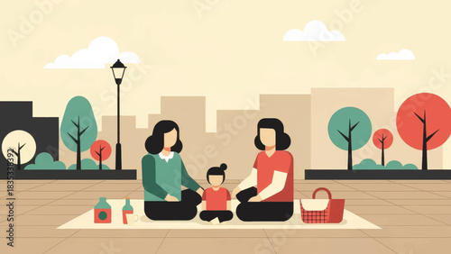 A modern family having a picnic in an urban park. Flat design vector illustration of two mothers with their child. City life and leisure concept