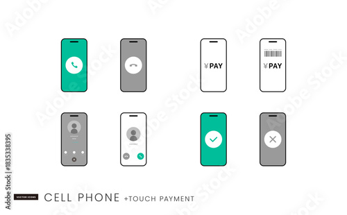 スマートフォンの決済バーコード、通話画面などシンプルなアイコンセット イメージイラスト素材