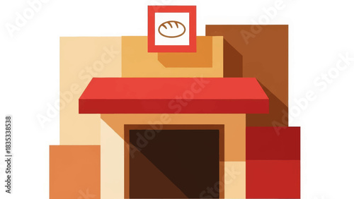 Minimalist vector illustration of a bakery storefront. Flat design shop facade with a bread sign and awning. Local small business graphic isolated on white background