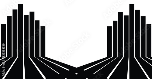 Abstract design featuring parallel lines converging and rising into vertical bars, mirrored.