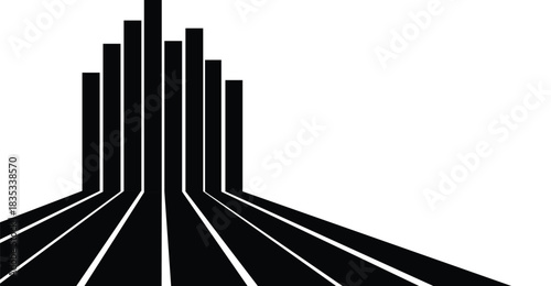 Abstract graphic design featuring black vertical bars rising from converging lines, creating a minimalist cityscape or upward-moving structure on a white background.