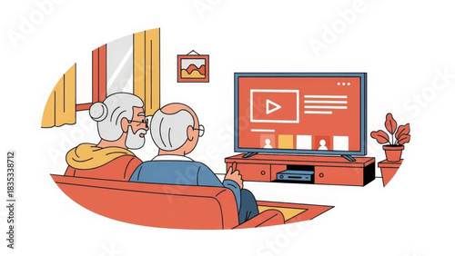 Senior couple watching a streaming service on TV. Elderly people relaxing at home concept. Flat design vector illustration