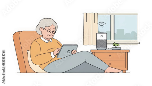 An elderly woman using a tablet computer next to a smart speaker. Senior citizen and technology concept. Flat line art vector illustration