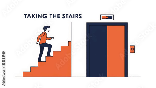 Man taking the stairs instead of the elevator. Career growth and personal development concept. Minimalist flat design vector illustration
