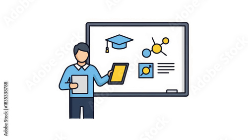 A teacher with a tablet presenting education and science concepts on a whiteboard. Flat cartoon vector illustration for e-learning