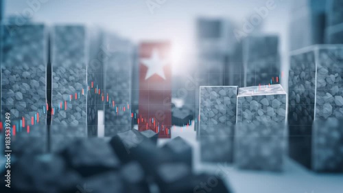 Flags of two nations and abstract financial chart symbolizing trade tension and global economic dynamics with American flag and China flag overlay and stock market chart lines candlesticks plus