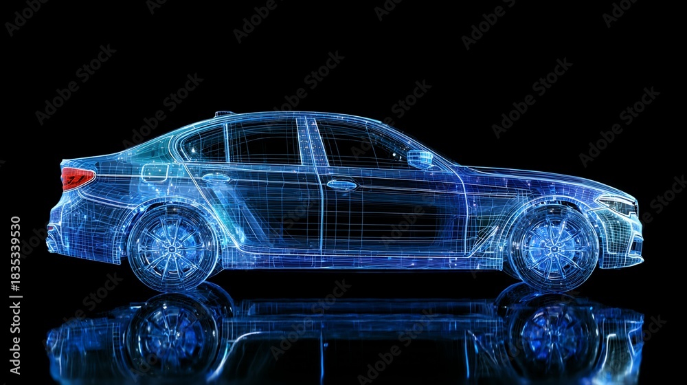 Fototapeta premium Futuristic Blue Car Hologram on Black Reflective Surface in Studio Lighting