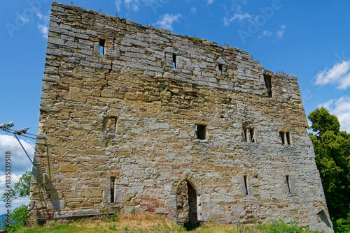 Sandstone masonry of Straufhain Castle Ruins in Thuringia Germany, detailed texture of historic walls showing weathered stone structure.