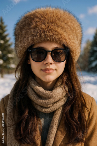 Young woman in winter fur hat and sunglasses, in sunny day poses outdoors in the snow