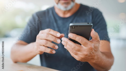 Elderly man smartphone hands touchscreen outdoor close up focused senior mobile device casual lifestyle. elderly man using smartphone outdoors with focused expression, close up of hands and device