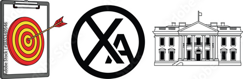 Target illustration with arrow, abstract crossed-letter symbol, architectural government building artwork, accuracy goal concept and landmark structure design elements