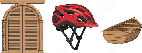 Wooden arched window shutter, red bicycle safety helmet, small wooden rowboat illustration set, mixed objects artwork for construction, sports, nautical themes