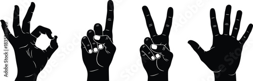 Set of Black Silhouette Hand Gestures Demonstrating Communication, Agreement, Victory, and Counting, Perfect for Design, Sign Language, and Concept Imagery on a White Background