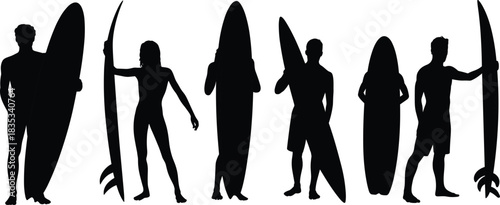 Set of black silhouettes of male and female surfers holding surfboards standing isolated on white background vector illustration