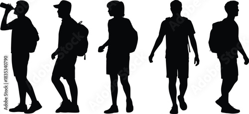 Set of black silhouettes of young hikers with backpacks walking and drinking water isolated on white background for outdoor adventure