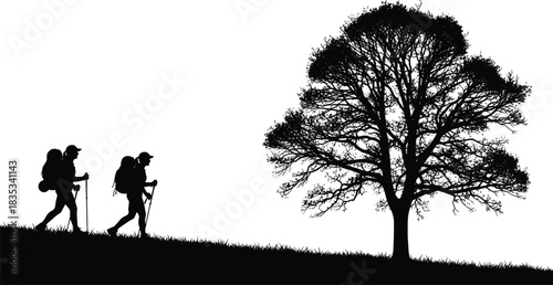 Silhouette illustration of two backpackers hiking uphill with trekking poles, passing a large detailed oak tree, symbolizing adventure, travel, and outdoor nature exploration