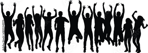 Silhouette vector illustration of large group of happy people jumping with hands up isolated on white background for celebration concept