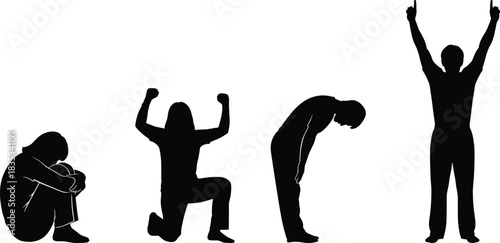 Silhouettes illustrating emotional and physical states in a man, progressing from sadness and defeat to triumph, success, and energetic achievement on a white background