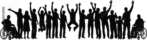 Silhouette vector of diverse happy people crowd jumping and cheering including disabled person in wheelchair for community inclusion celebration concepts