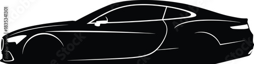 Sleek black sports car silhouette side view vector illustration isolated on white background for luxury automotive logo design concepts