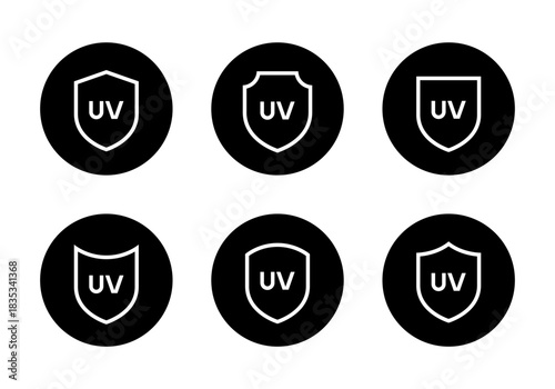 UV protection shield icon set in black circle. Skincare, sunscreen, and safety product symbol