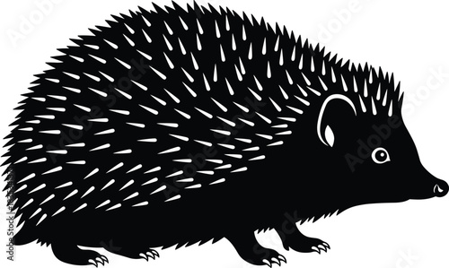 Vector illustration of a black silhouette cute hedgehog side view isolated on white background for nature logo or icon design