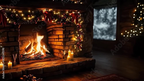 Cozy Fireplace with Christmas Lights and Candles