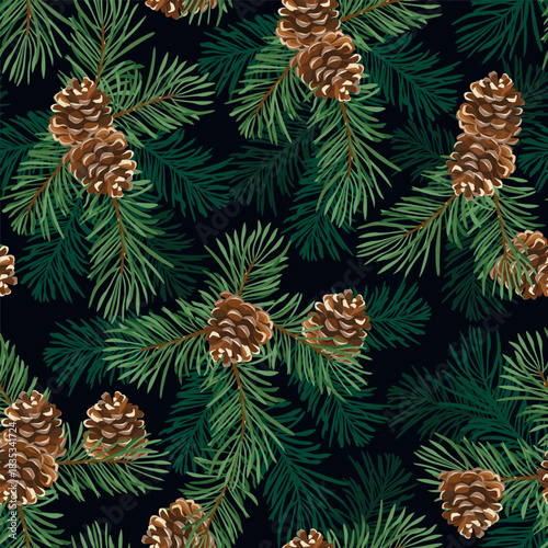 Fir tree branches with pine cones against a black background, perfect for decorating textiles, packaging and wallpaper.