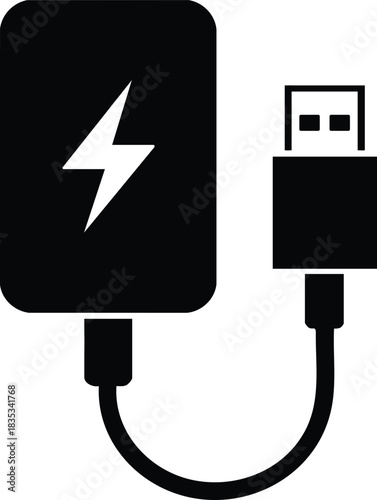 write this image title, USB Charger Adapter Icon, Portable Power Bank and USB Cable Icon, Charging Brick/Wall Adapter Icon with Lightning Bolt, Mobile Device Charger and Plug Symbol.