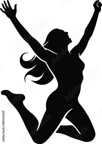 Dynamic silhouette of a woman leaping with arms raised, embodying pure joy and limitless freedom