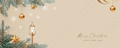 Minimalistic Christmas and New Year background. Elegant New Year banner with fir branches, golden lantern and Christmas decorations. Minimalistic design of a New Year greeting poster
