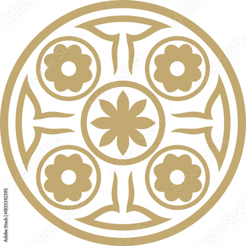 Kazakh national round gold frame ornament. Ethnic pattern. The circle ring reflects nomadic culture. Suitable for design and textiles.