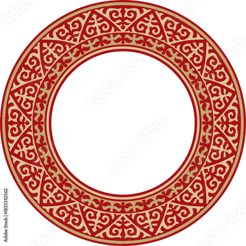 Kazakh national round gold frame with red ornament. Ethnic pattern. The circle ring reflects nomadic culture. Suitable for design and textiles.