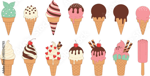 Set of assorted ice cream cones and popsicle illustrations with various toppings flavors and cute decorative elements in colorful vector design