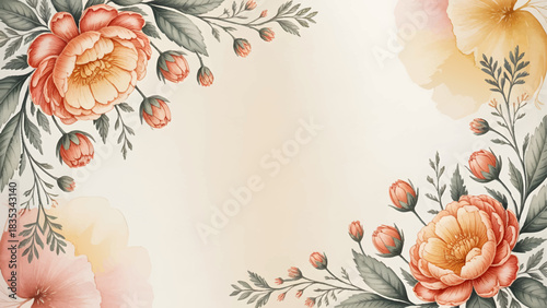 Watercolor peach floral frame background for wedding invitations, Elegant handpainted blush and orange flower border design, Soft watercolor texture background with warm floral arrangement